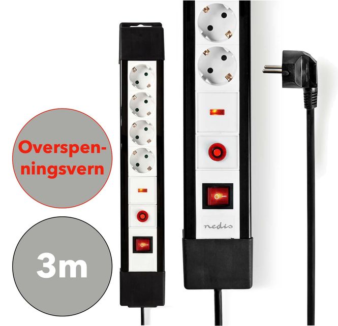 Hovedbilde Nedis Strømforgrener med Overspenningsvern, 4 Kontakter, 3m kabel