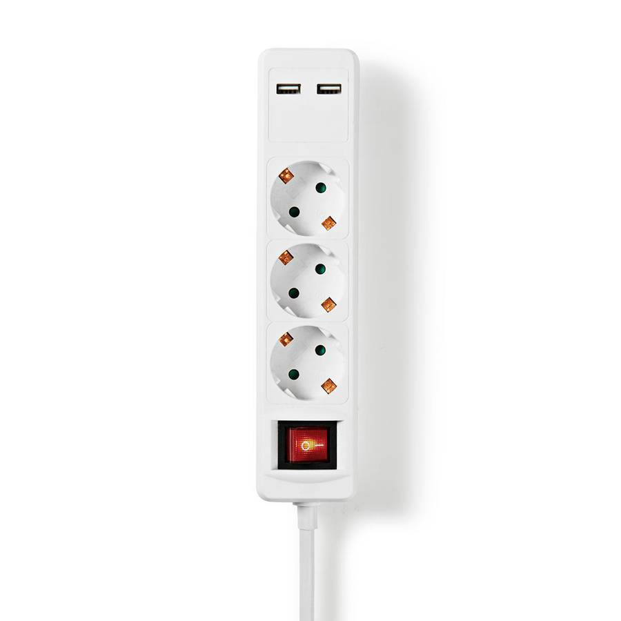 Nedis 3-veis strømforgrener, 2 USB-ladeporter, av/på bryter, 1.50m, 3680W