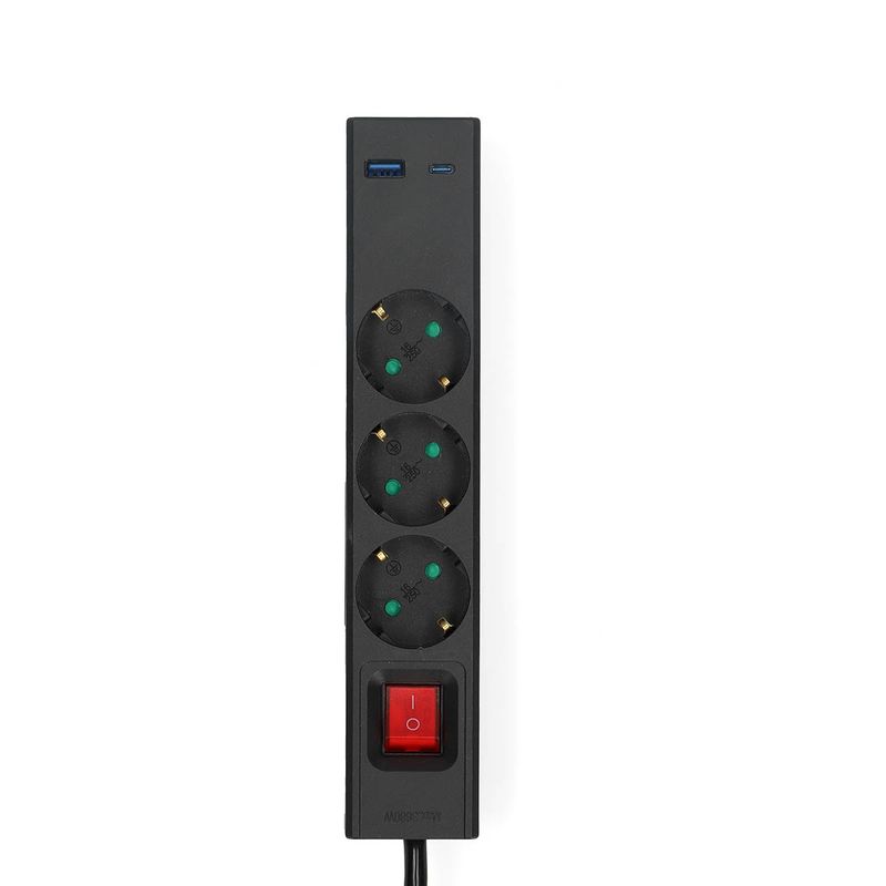 Nedis 3-veis strømforgrener, 3680W, USB-A og C lading, 1,5m kabel,  Av/på-bryter