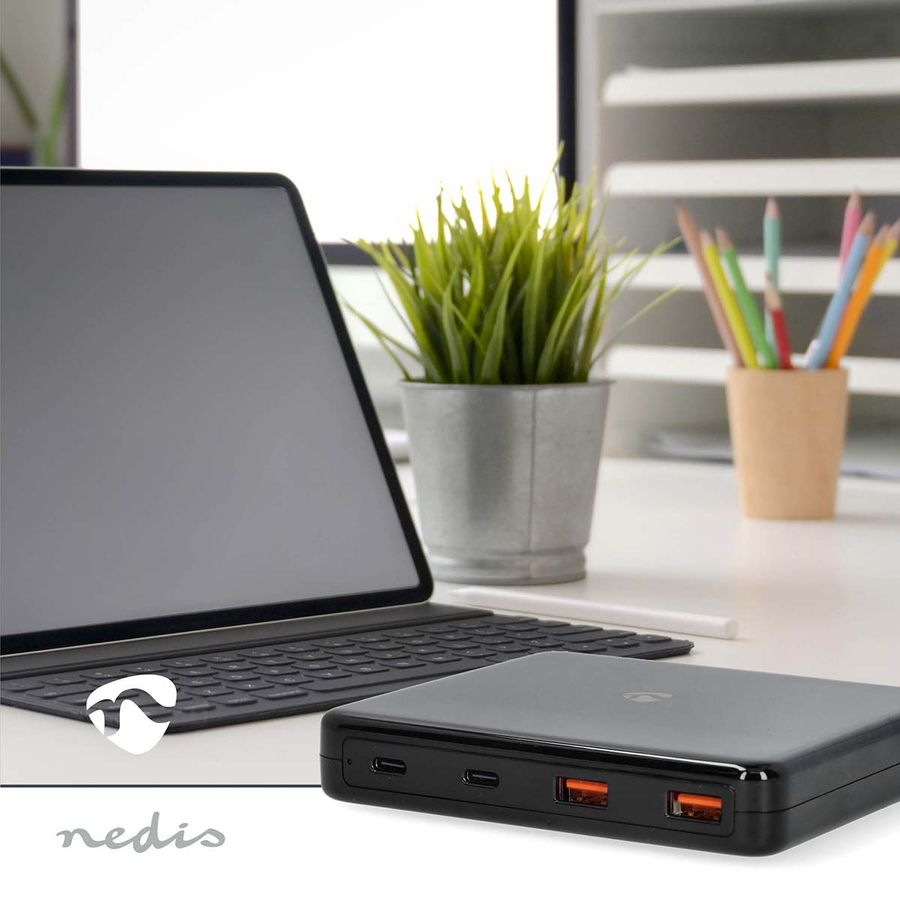 Nedis 65W PD hurtiglader, 4 utganger 2 x USB-C + 2 x USB-A, lade bærbare datamaskin, nettbrett, smarttelefoner
