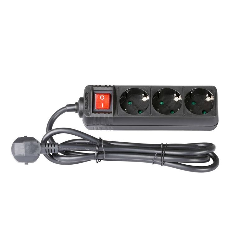 Adam Hall 8747S3, 3 Kontakters strømforgrener med av/på bryter, 1,4m kabel, Sort