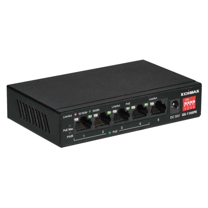 Hovedbilde Edimax GS-1105PE Switch, 5-port Gigabit PoE+-bryter med 4 PoE+-porter og DIP-bryter