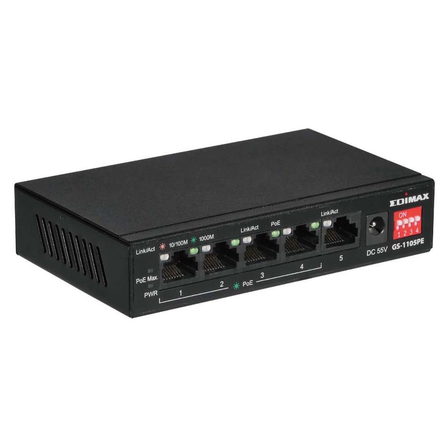 Edimax GS-1105PE Switch, 5-port Gigabit PoE+-bryter med 4 PoE+-porter og DIP-bryter