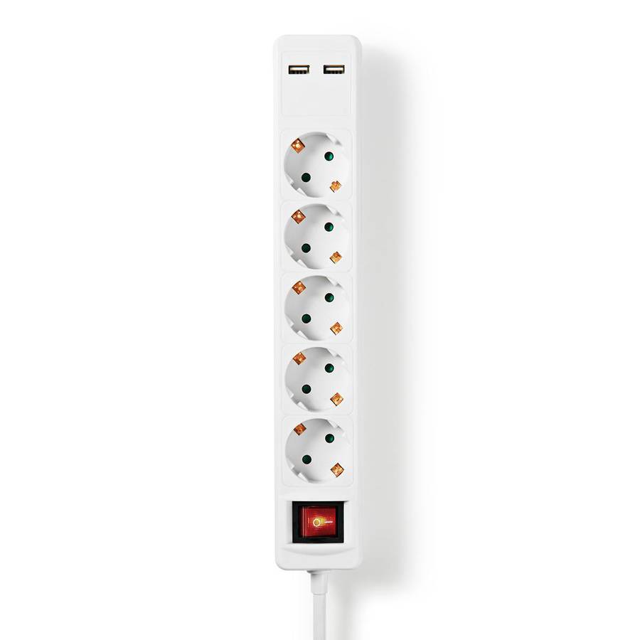 Nedis 5-veis strømforgrener, 2 USB-porter, av/på bryter