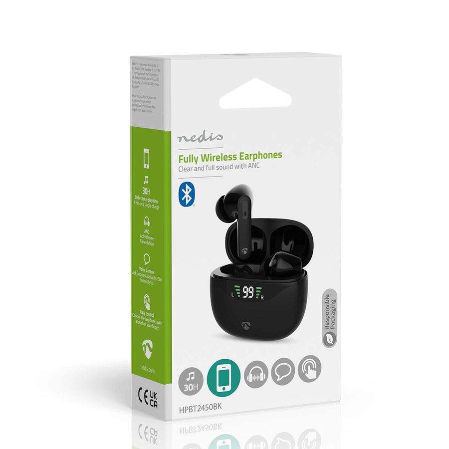 Nedis Pods ANC (Active Noise Cancelling, Bluetooth, 30 timer, Touch kontroll, Trådløs ladeetui, Innebygd mikrofon, sort