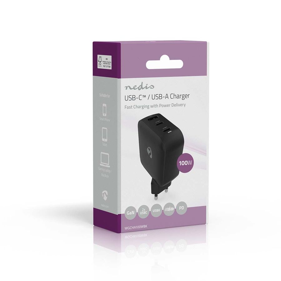 Nedis 100W 2 x USB-C + USB-A lader med Hurtigladefunksjon