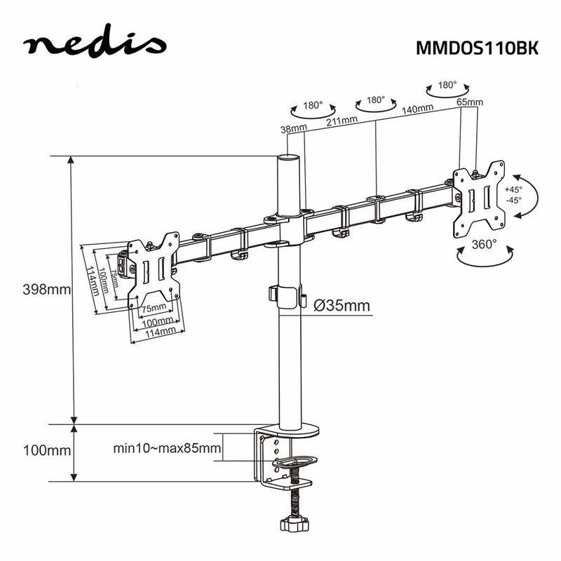 Nedis Bordstativ / bordmonteringsarm for 2 skjerm 15-32