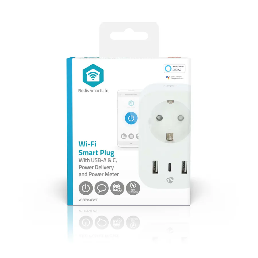 SmartLife Wi-Fi Smart Plug med energimåler, 1x USB-C + 2x USB, 3680 W