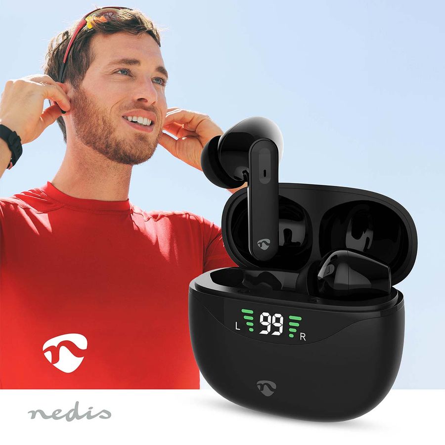 Nedis Pods ANC (Active Noise Cancelling, Bluetooth, 30 timer, Touch kontroll, Trådløs ladeetui, Innebygd mikrofon, sort