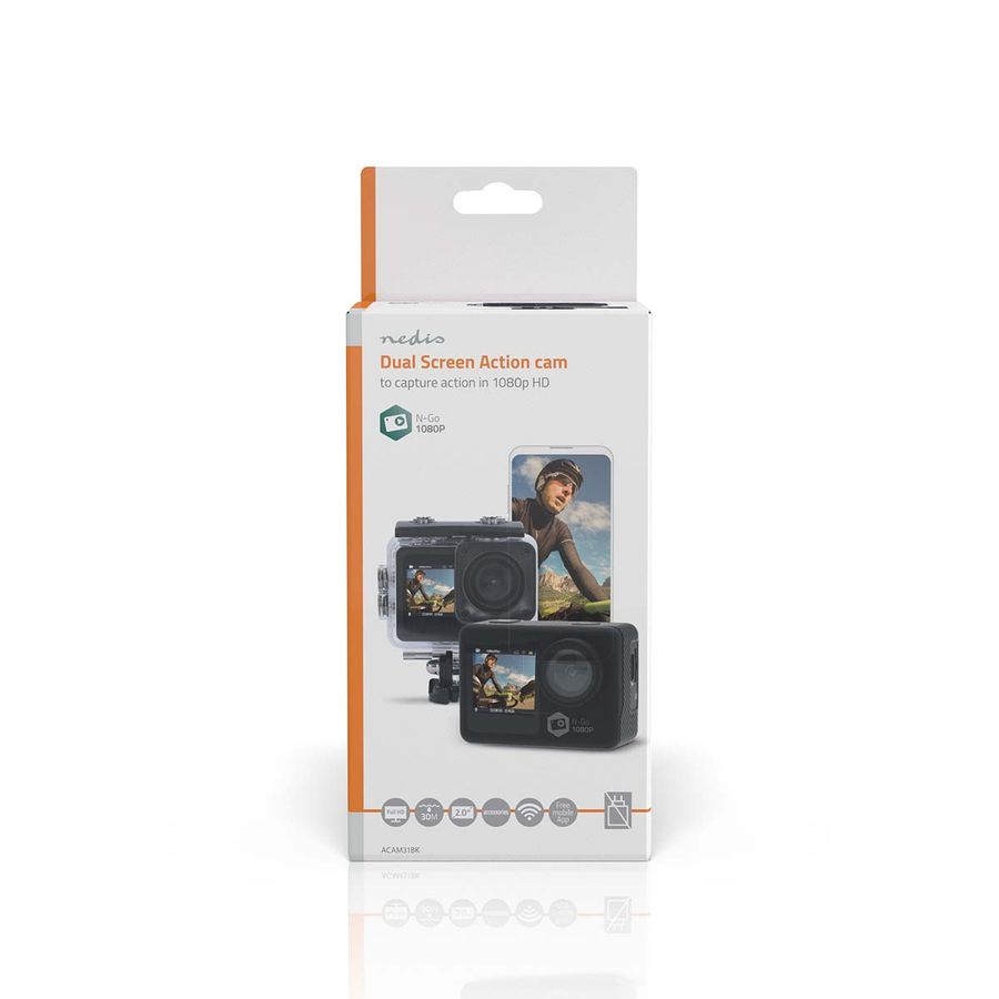 Nedis Actionkamera Dobbel Skjerm, 1080p@30fps, 12 MPixel, WiFi, HD, vanntett opptil 30M