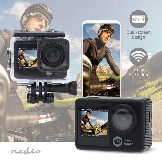 Hovedbilde Nedis Actionkamera Dobbel Skjerm, 1080p@30fps, 12 MPixel, WiFi, HD, vanntett opptil 30M