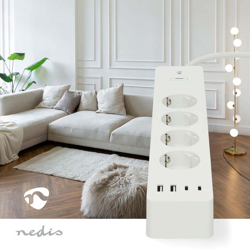 SmartLife Wi-Fi 4-veis strømforgrener, 4 USB A/C-porter, 16A, 3680W, 2m kabel