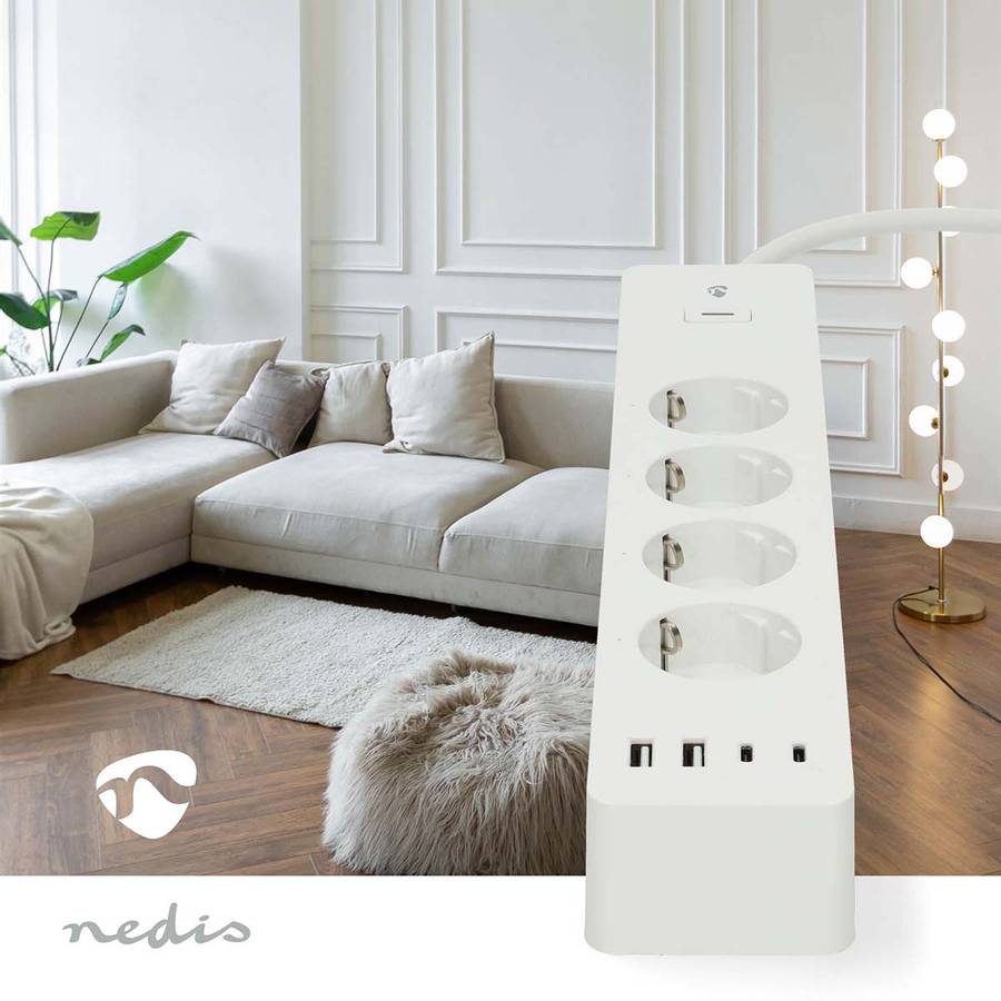 SmartLife Wi-Fi 4-veis strømforgrener, 4 USB A/C-porter, 16A, 3680W, 2m kabel