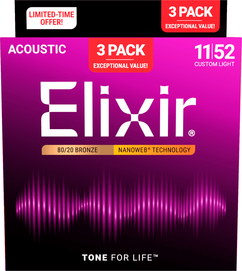 Elixir 16564 Acoustic 80/20 Bronze NANOWEB 011-052 3-pack