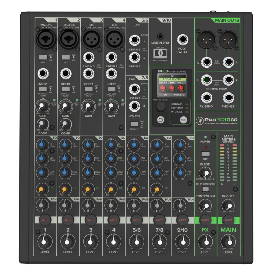 Mackie ProFX10GO 10-kanals batteridrevet mikser med effekter og USB