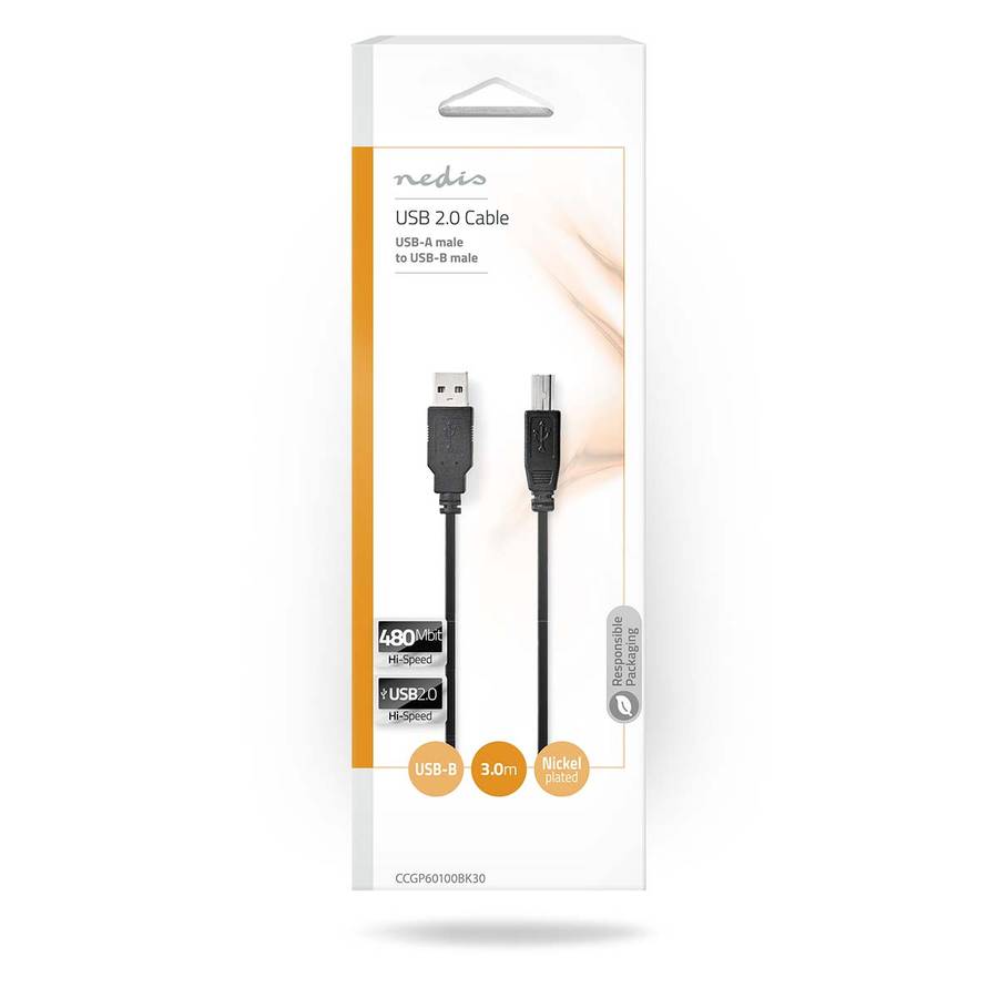 Nedis USB A Plug til USB B Plug kabel 3m Svart