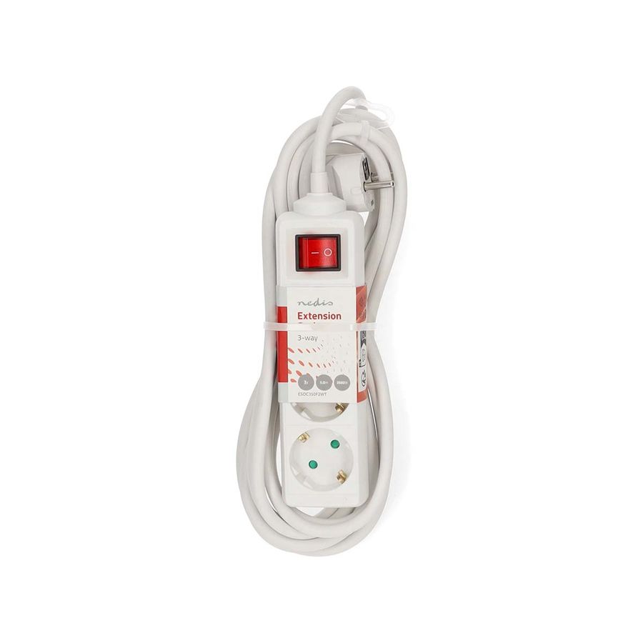 Nedis 3-veis strømforgrener, 5m kabel, 3680W, 16A, Av/på-bryter, Hvit